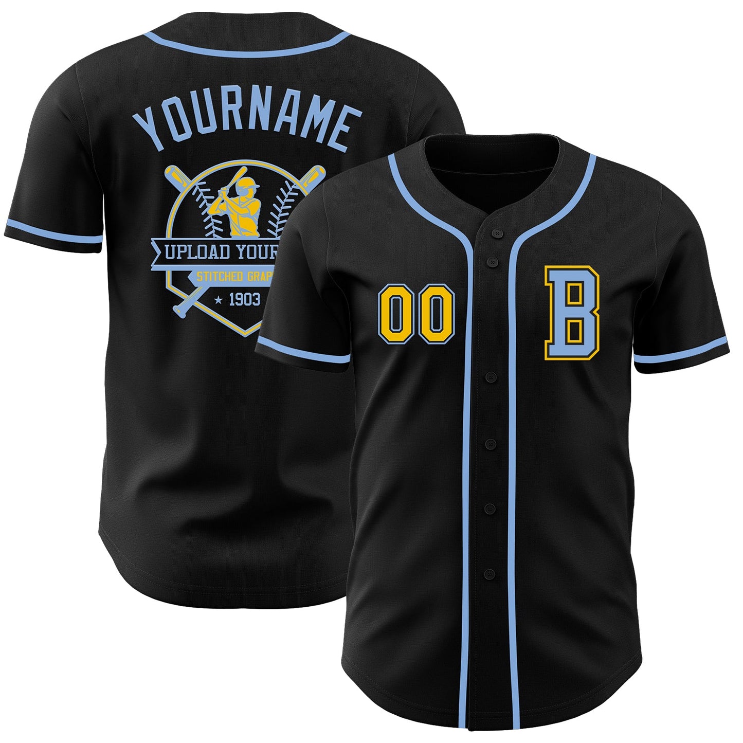 Custom Black Yellow-Light Blue Authentic Baseball Jersey view 5