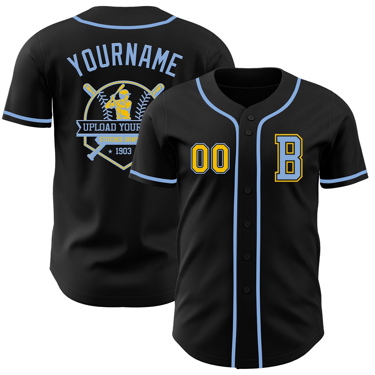 Custom Black Yellow-Light Blue Authentic Baseball Jersey view 5
