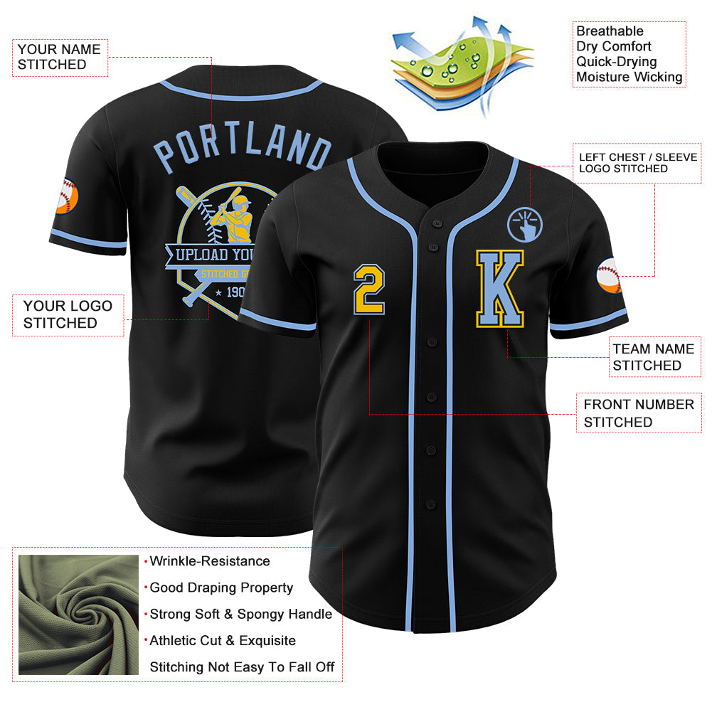 Custom Black Yellow-Light Blue Authentic Baseball Jersey view 6