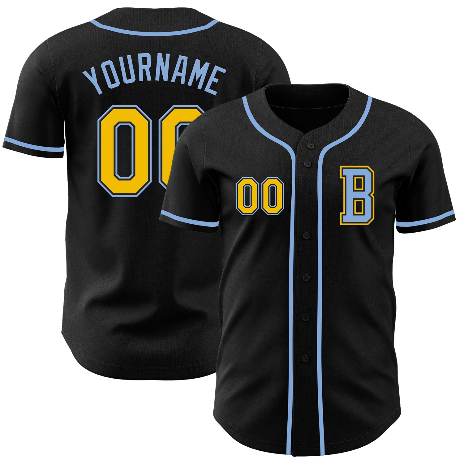 Custom Black Yellow-Light Blue Authentic Baseball Jersey - Main View