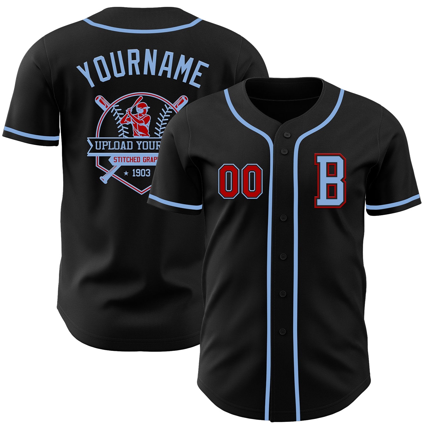 Custom Black Red-Light Blue Authentic Baseball Jersey view 5