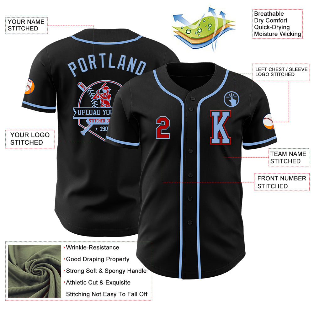 Custom Black Red-Light Blue Authentic Baseball Jersey view 6