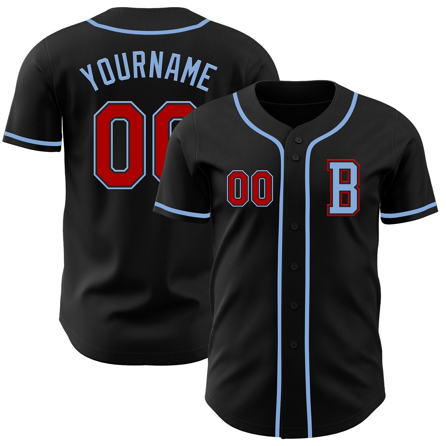 Custom Black Red-Light Blue Authentic Baseball Jersey - Main View