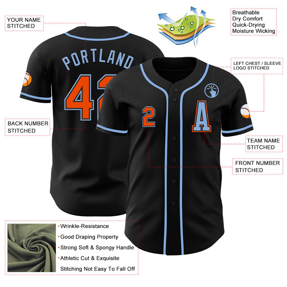 Custom Black Orange-Light Blue Authentic Baseball Jersey view 2