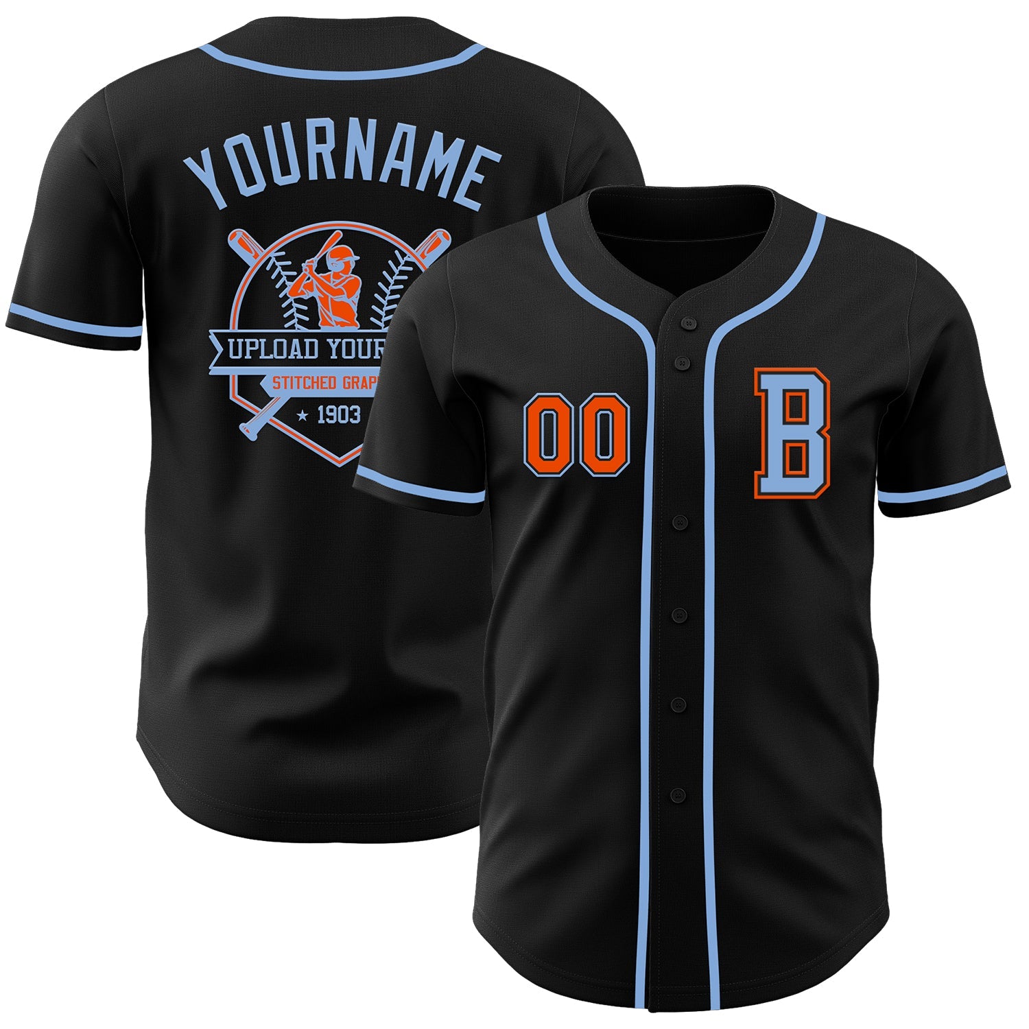 Custom Black Orange-Light Blue Authentic Baseball Jersey view 5
