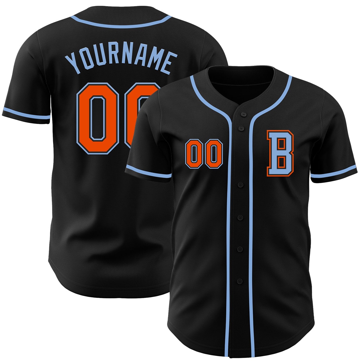 Custom Black Orange-Light Blue Authentic Baseball Jersey - Main View