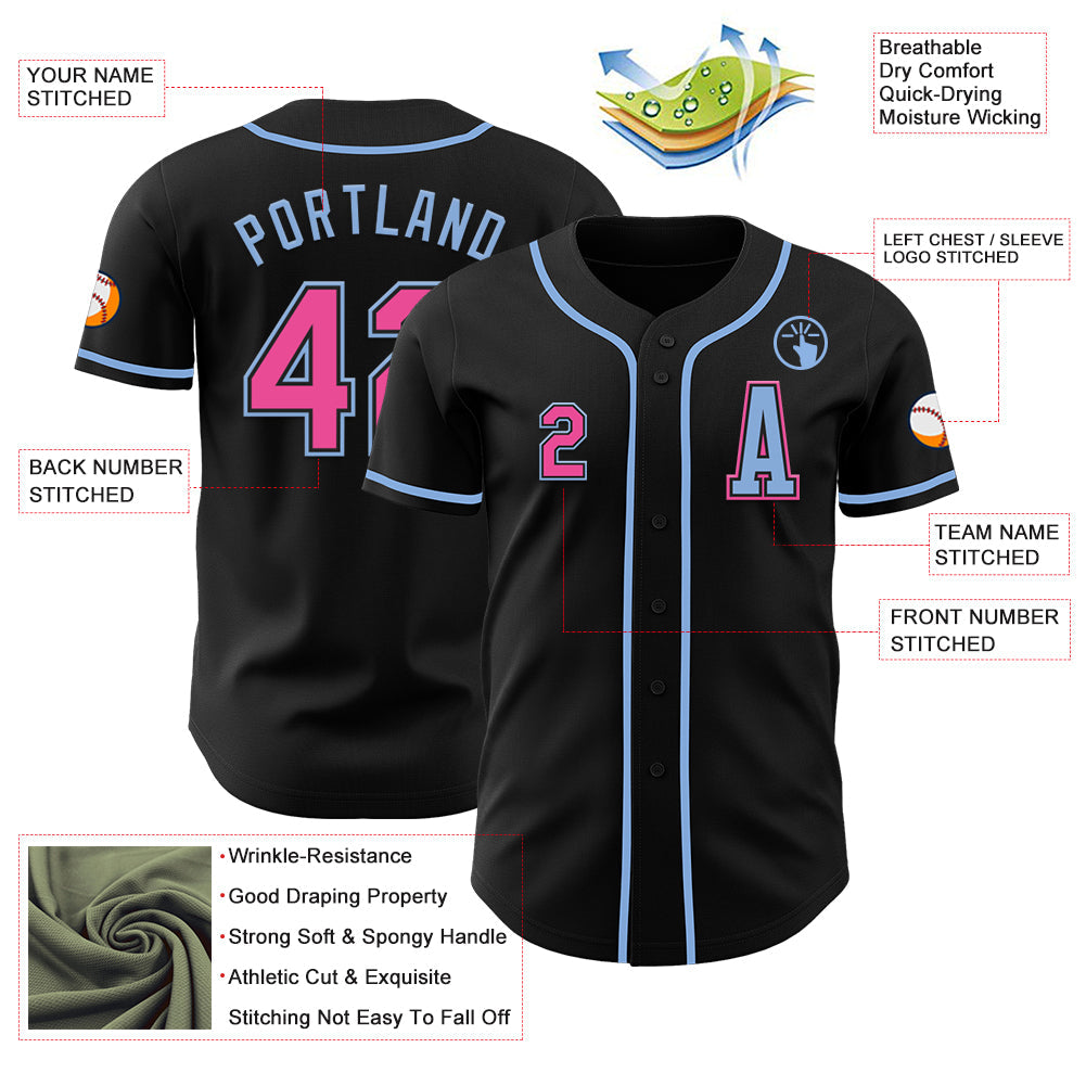 Custom Black Pink-Light Blue Authentic Baseball Jersey view 2