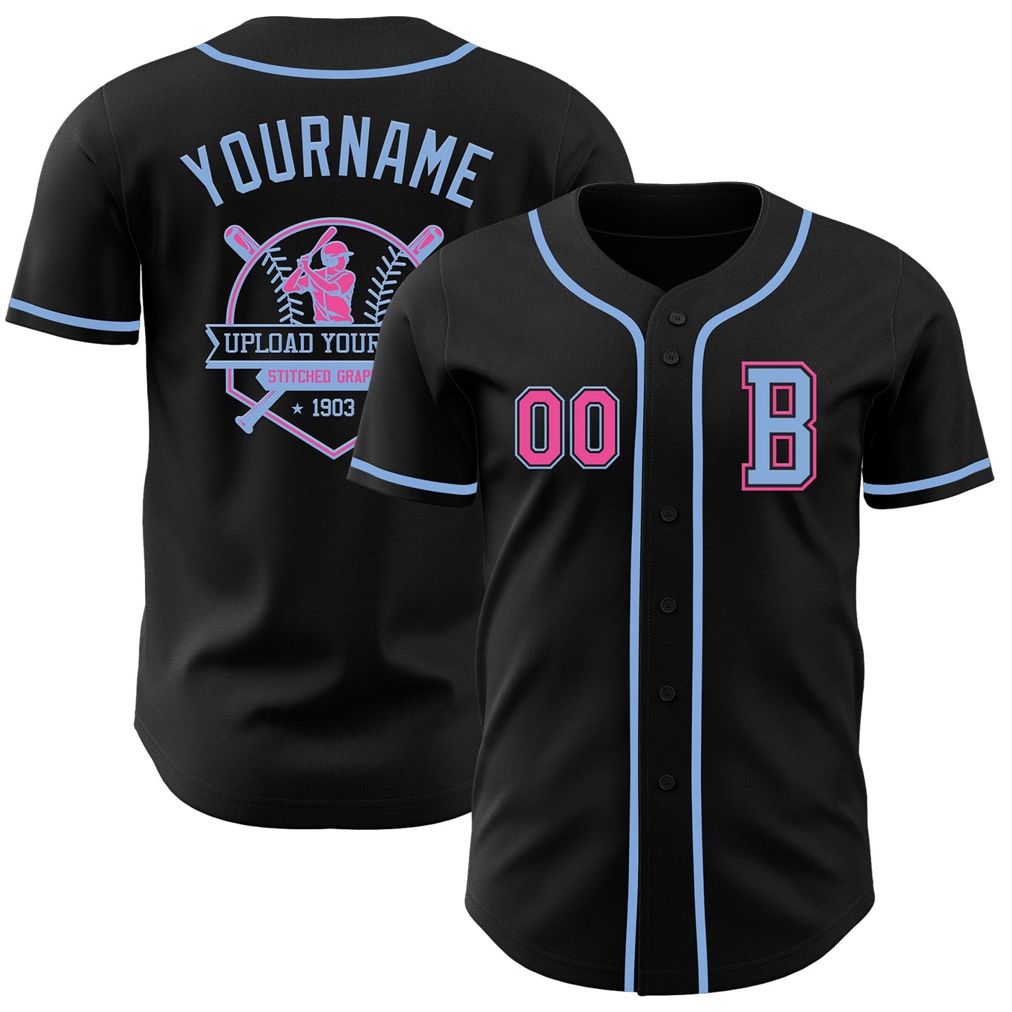 Custom Black Pink-Light Blue Authentic Baseball Jersey view 5