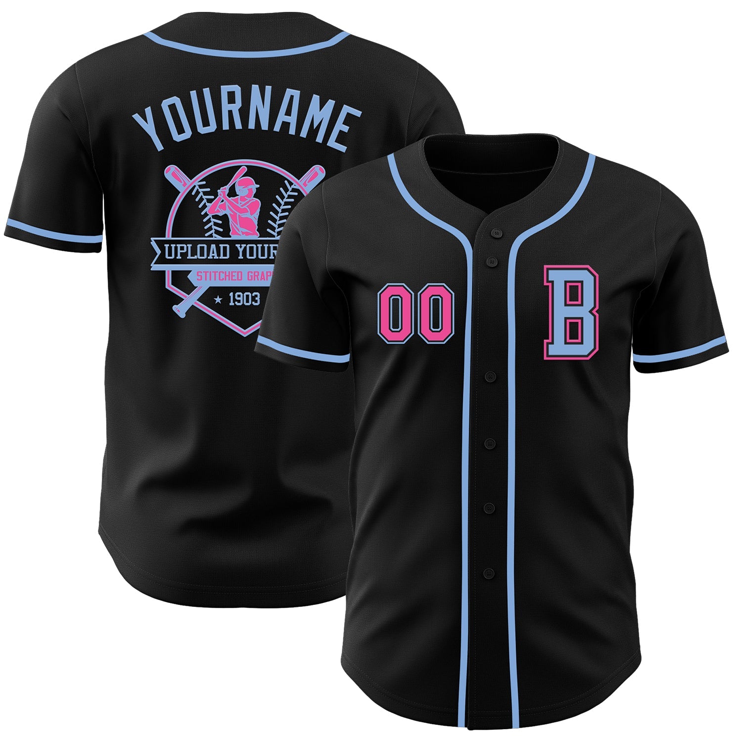 Custom Black Pink-Light Blue Authentic Baseball Jersey view 5