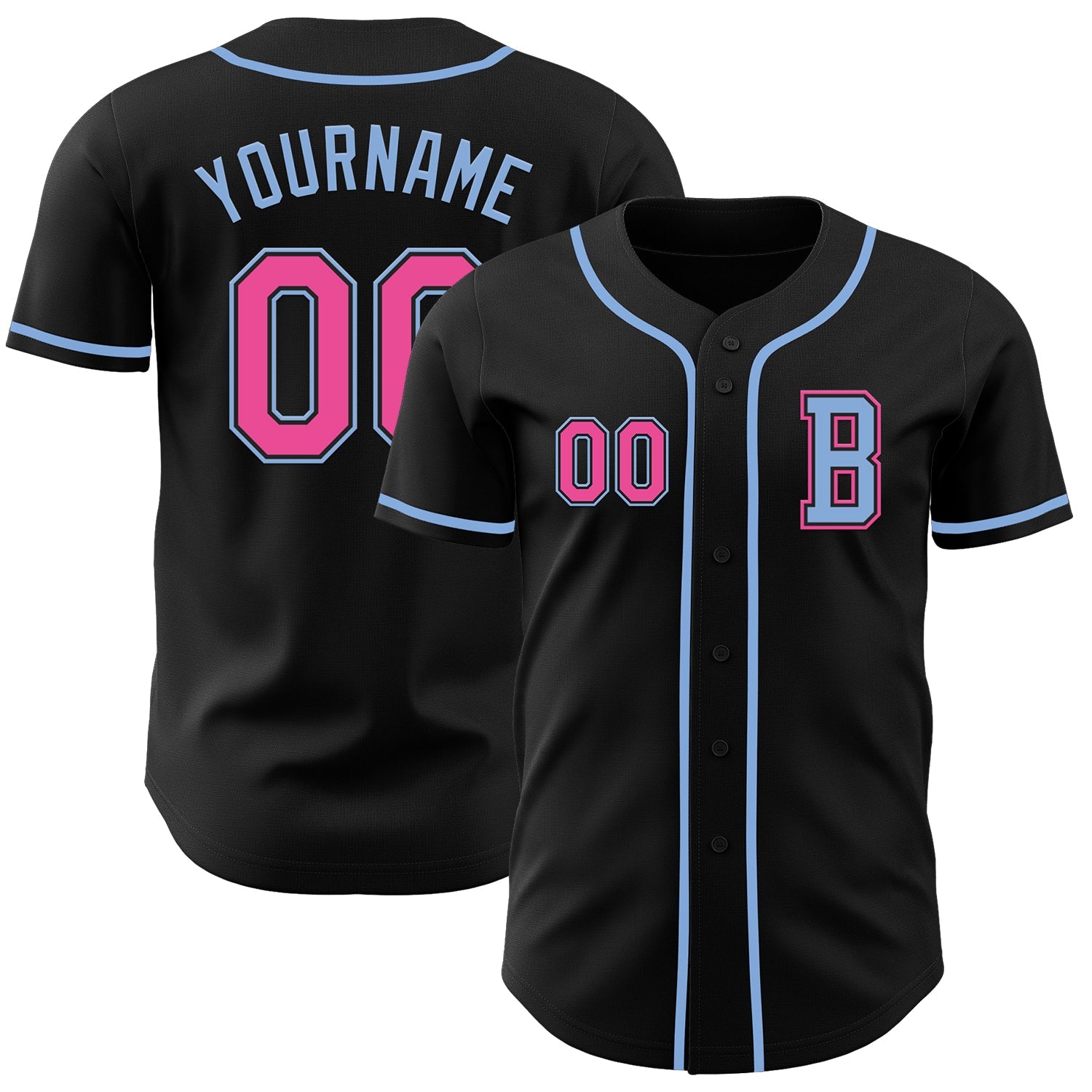 Custom Black Pink-Light Blue Authentic Baseball Jersey - Main View
