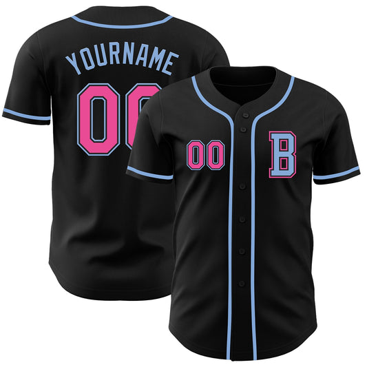 Custom Black Pink-Light Blue Authentic Baseball Jersey - Main View