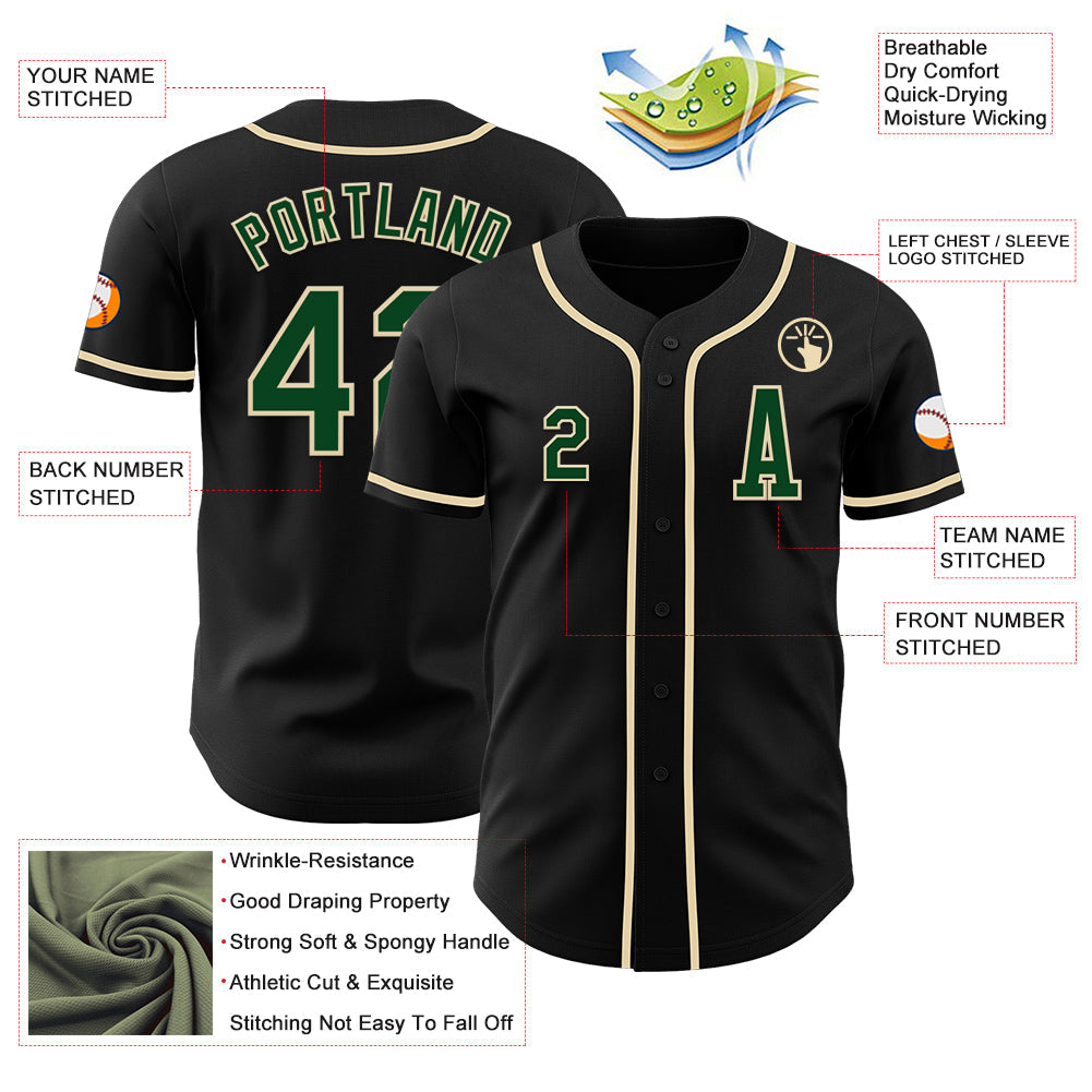 Custom Black Green-Cream Authentic Baseball Jersey view 2