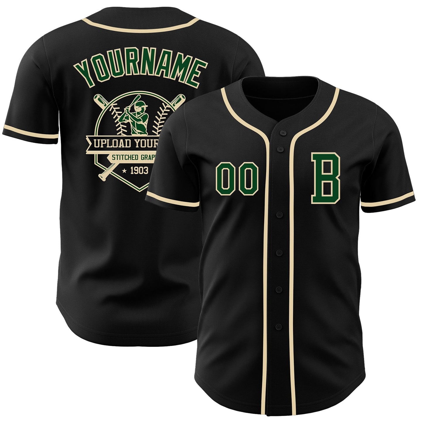 Custom Black Green-Cream Authentic Baseball Jersey view 5