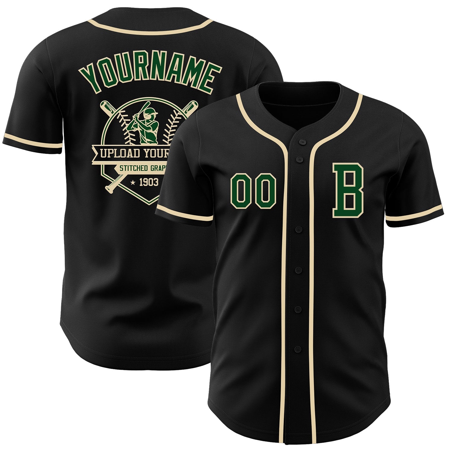 Custom Black Green-Cream Authentic Baseball Jersey view 5