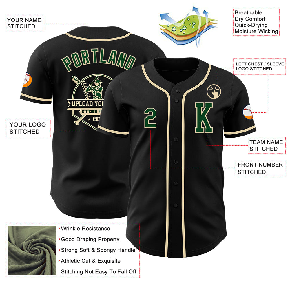 Custom Black Green-Cream Authentic Baseball Jersey view 6