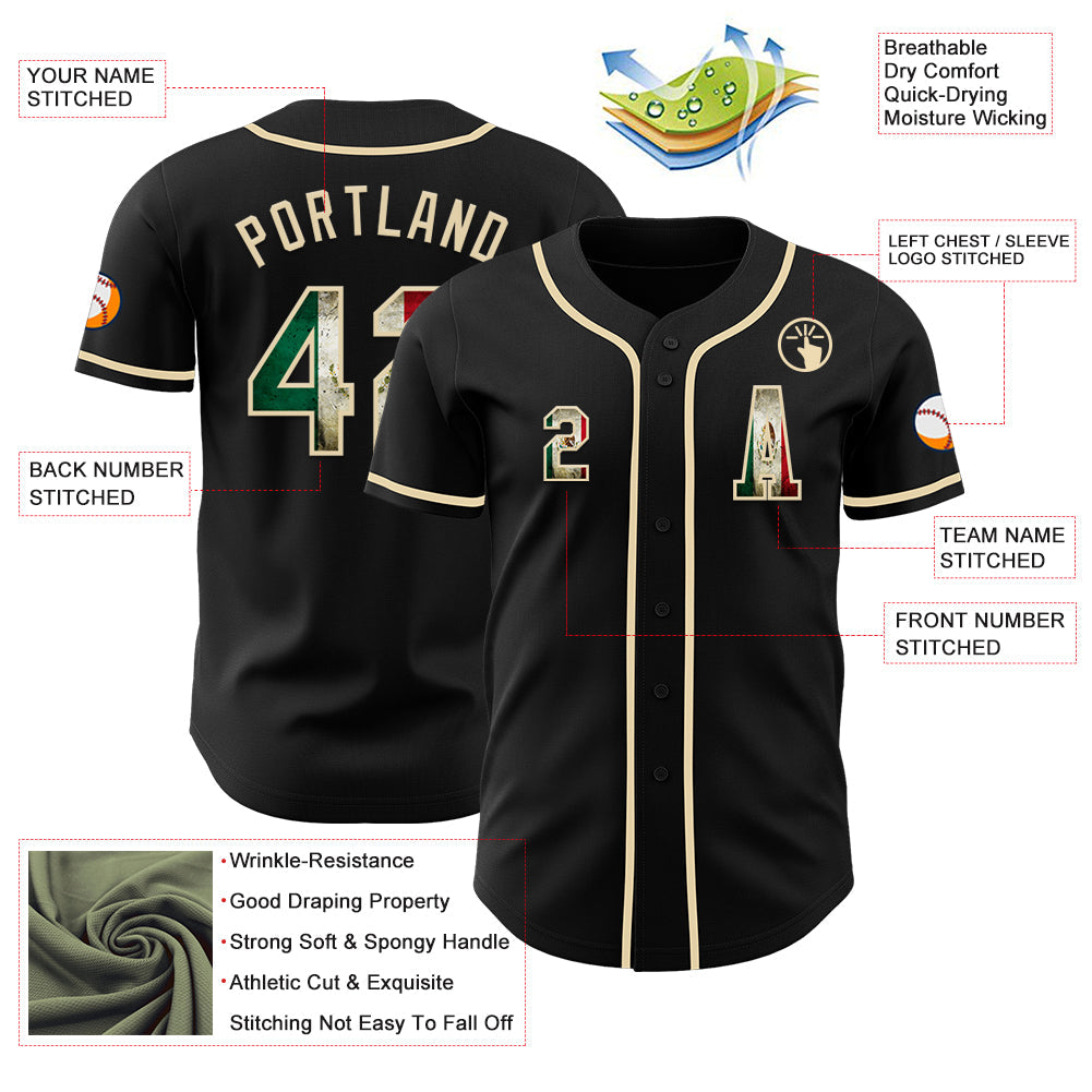 Custom Black Vintage Mexican Flag-Cream Authentic Baseball Jersey view 2