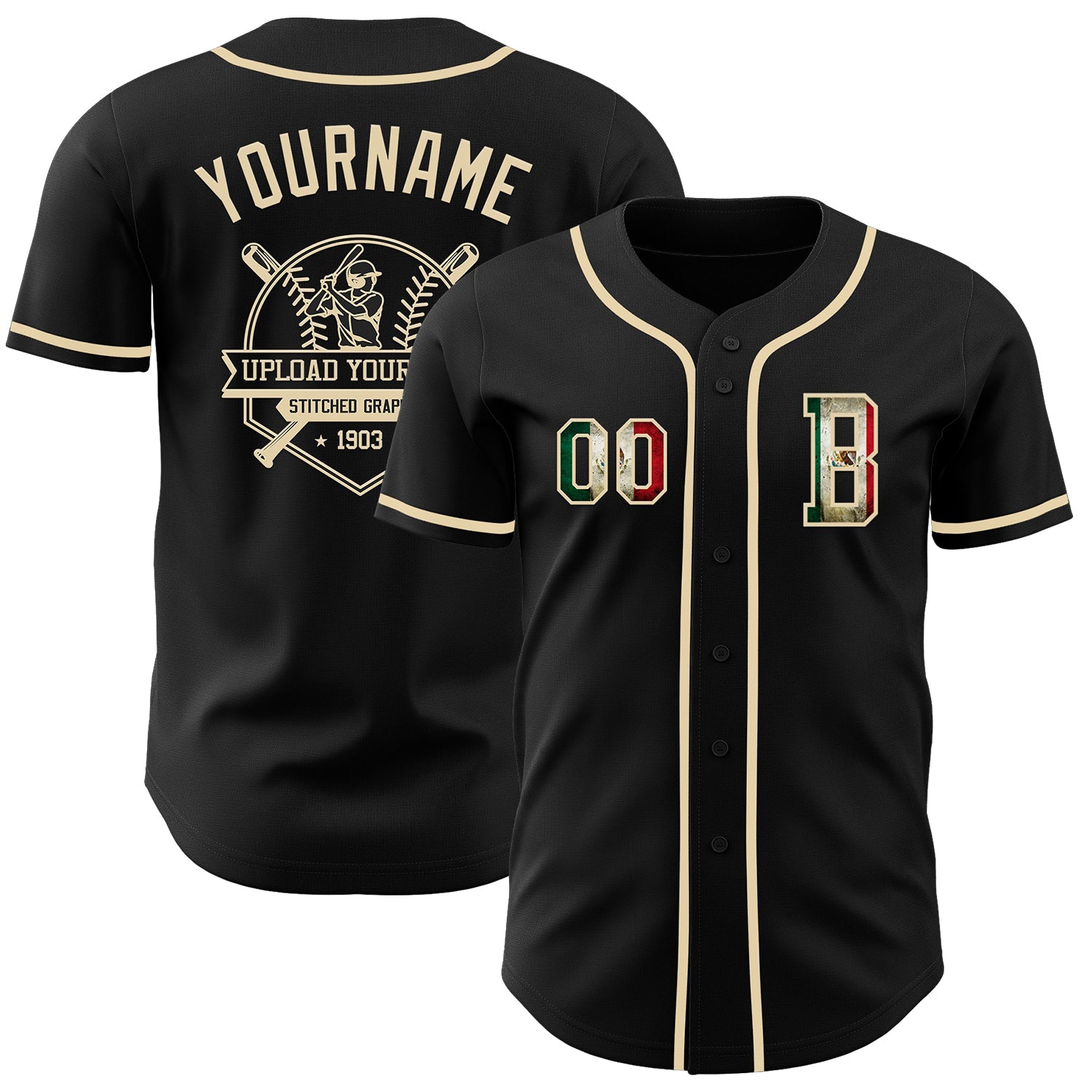 Custom Black Vintage Mexican Flag-Cream Authentic Baseball Jersey view 5