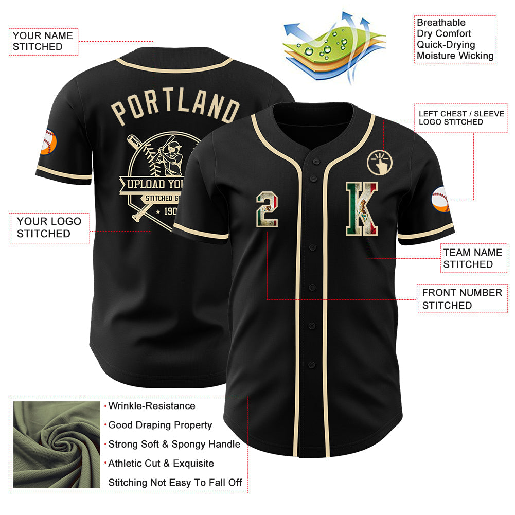 Custom Black Vintage Mexican Flag-Cream Authentic Baseball Jersey view 6
