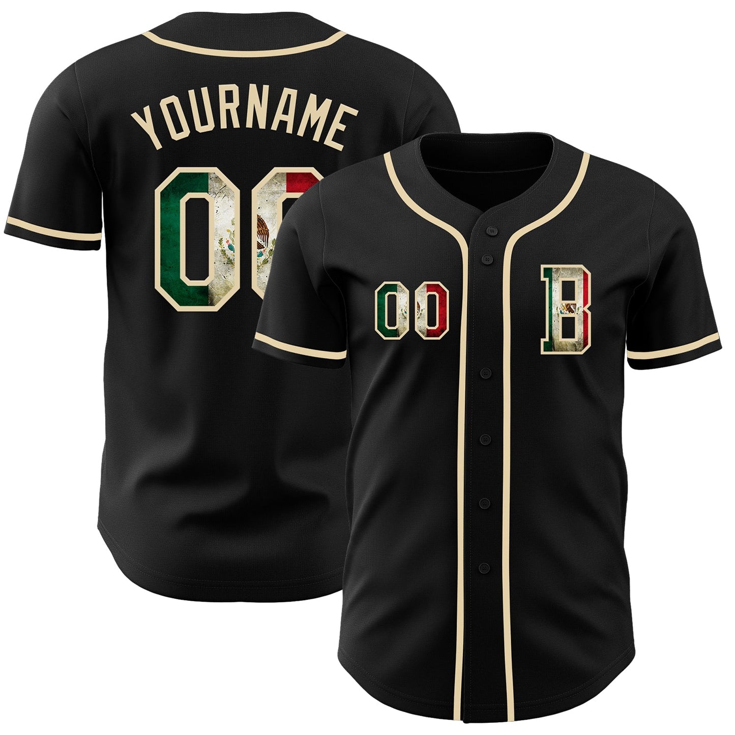 Custom Black Vintage Mexican Flag-Cream Authentic Baseball Jersey - Main View