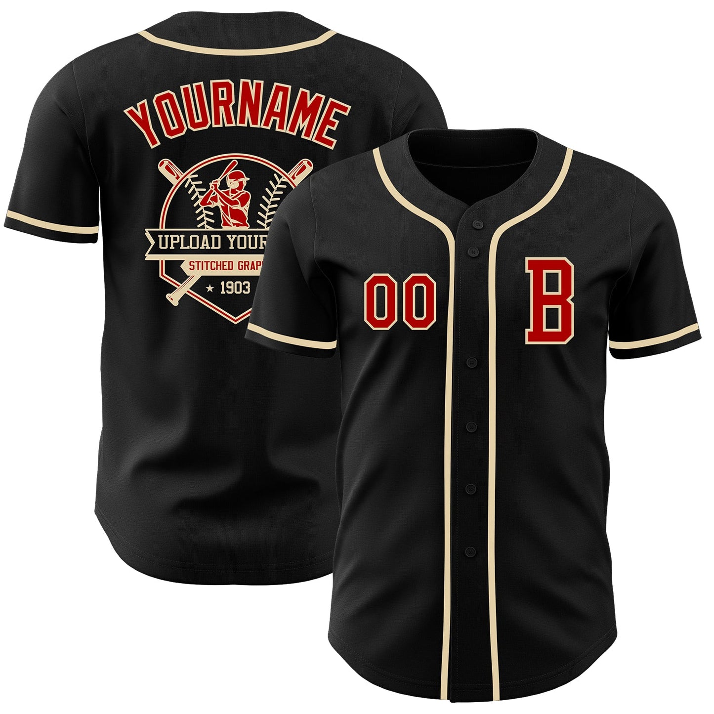 Custom Black Red-Cream Authentic Baseball Jersey view 5