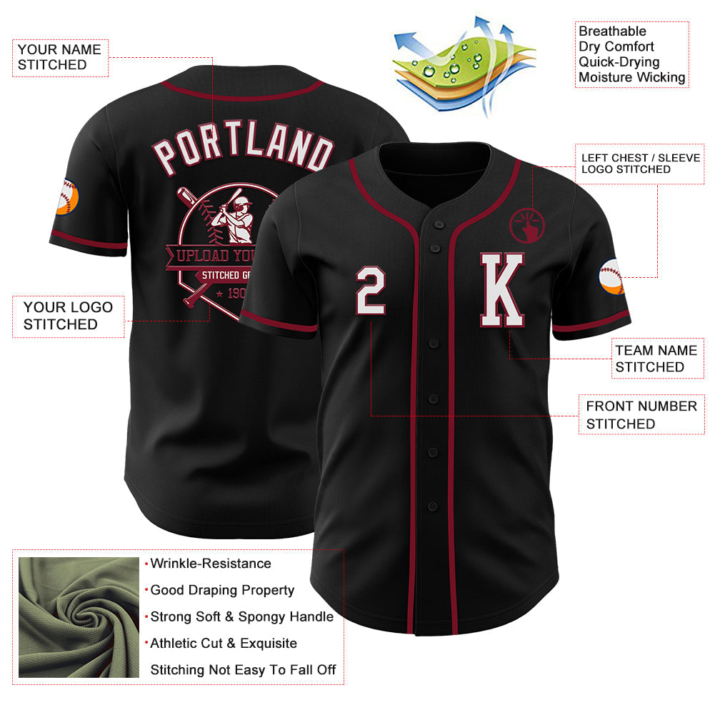Custom Black White-Crimson Authentic Baseball Jersey view 6
