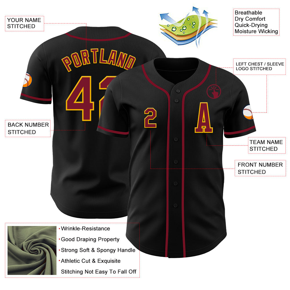 Custom Black Crimson-Gold Authentic Baseball Jersey view 2
