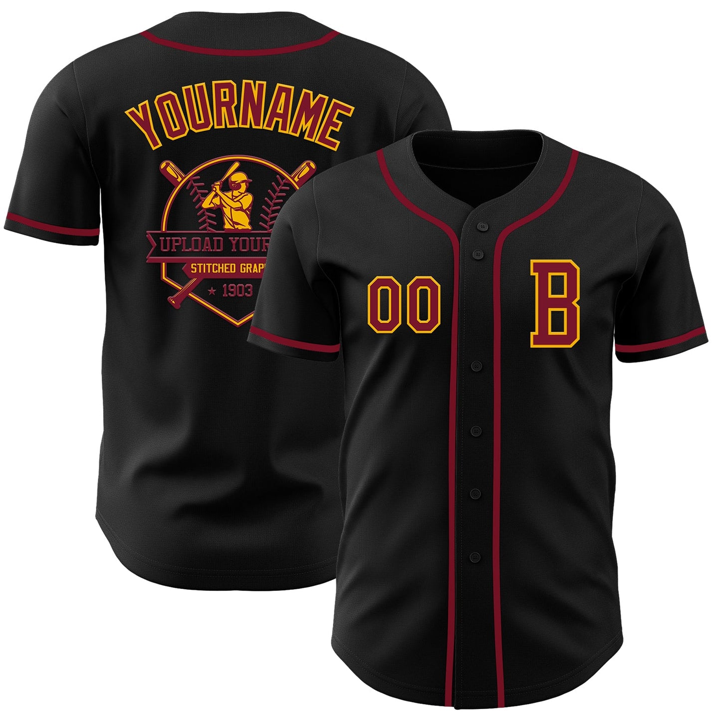Custom Black Crimson-Gold Authentic Baseball Jersey view 5