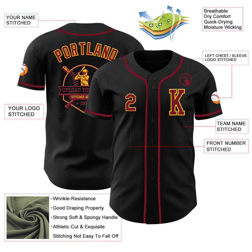 Custom Black Crimson-Gold Authentic Baseball Jersey view 6