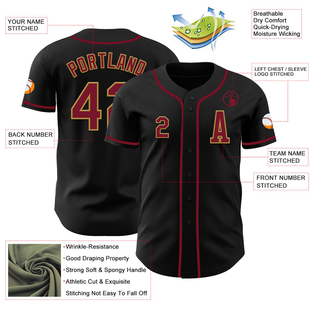 Custom Black Crimson-Old Gold Authentic Baseball Jersey view 2