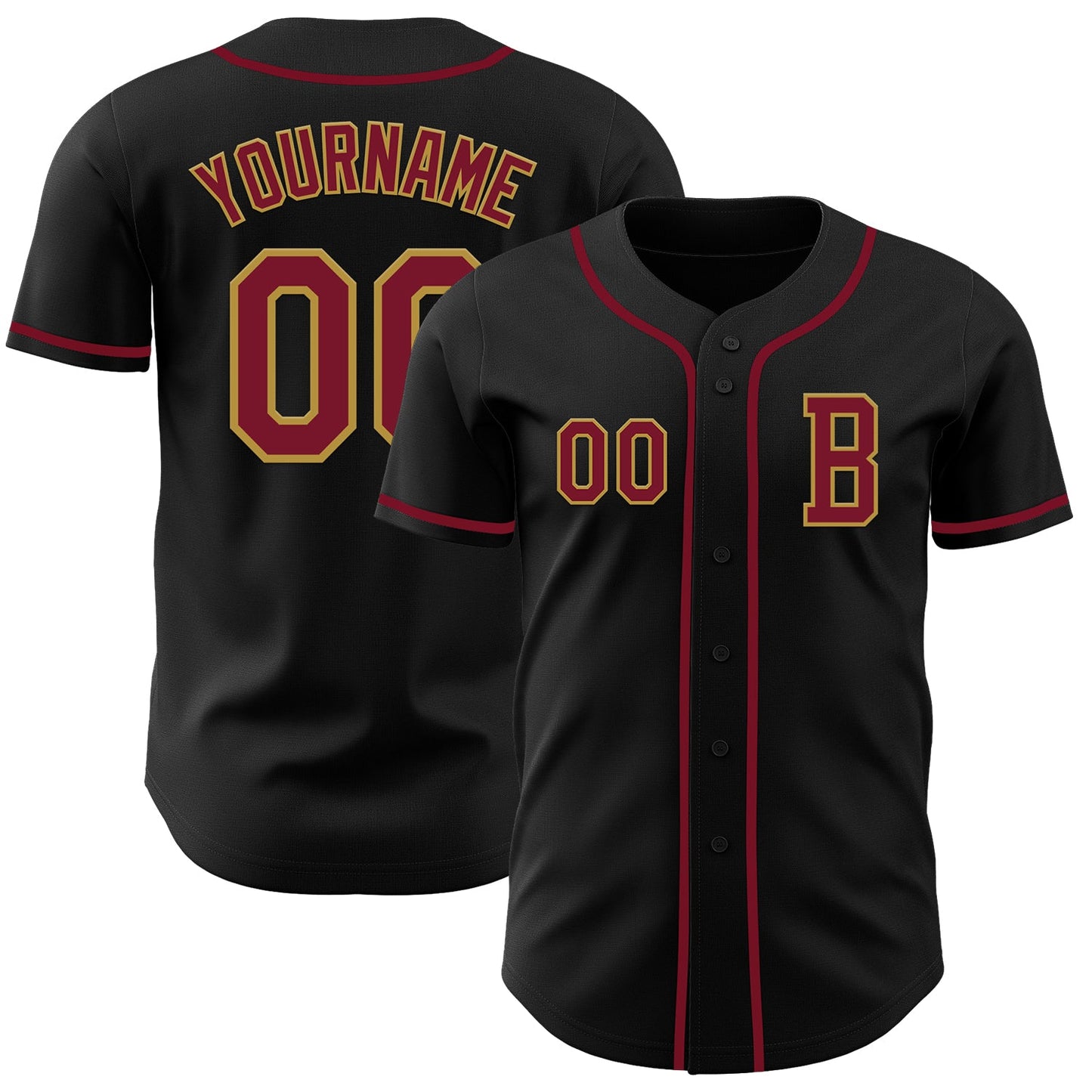 Custom Black Crimson-Old Gold Authentic Baseball Jersey - Main View