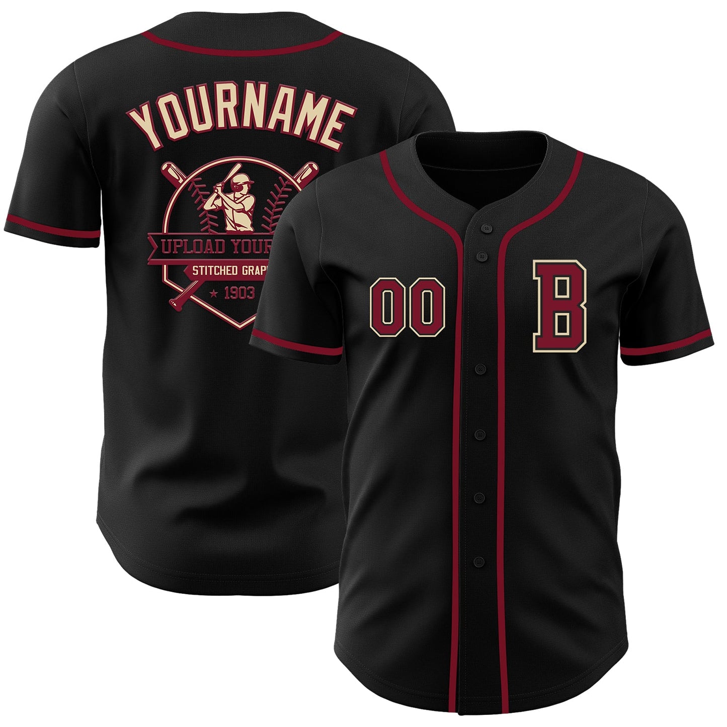 Custom Black Crimson-Cream Authentic Baseball Jersey view 5