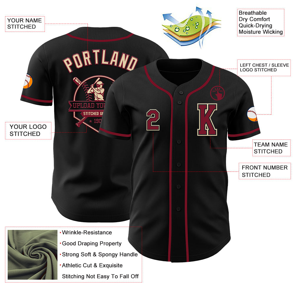 Custom Black Crimson-Cream Authentic Baseball Jersey view 6