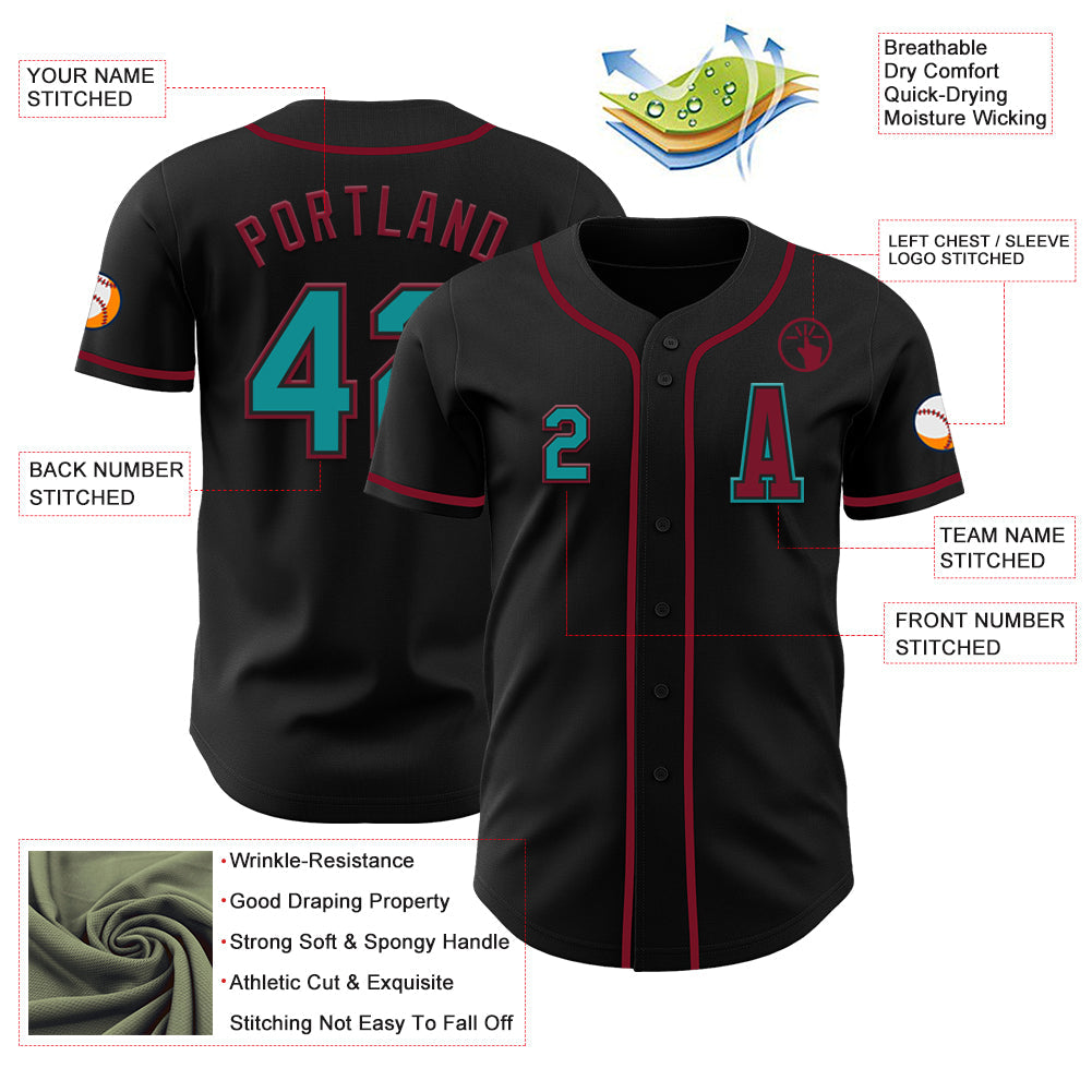 Custom Black Teal-Crimson Authentic Baseball Jersey view 2