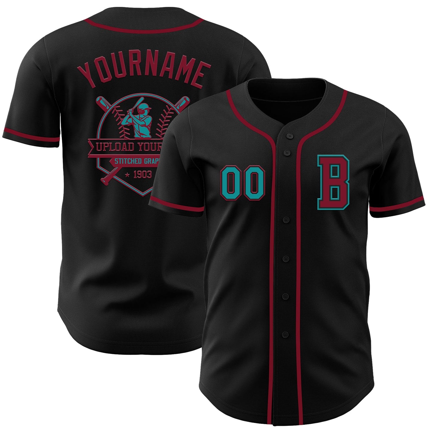 Custom Black Teal-Crimson Authentic Baseball Jersey view 5