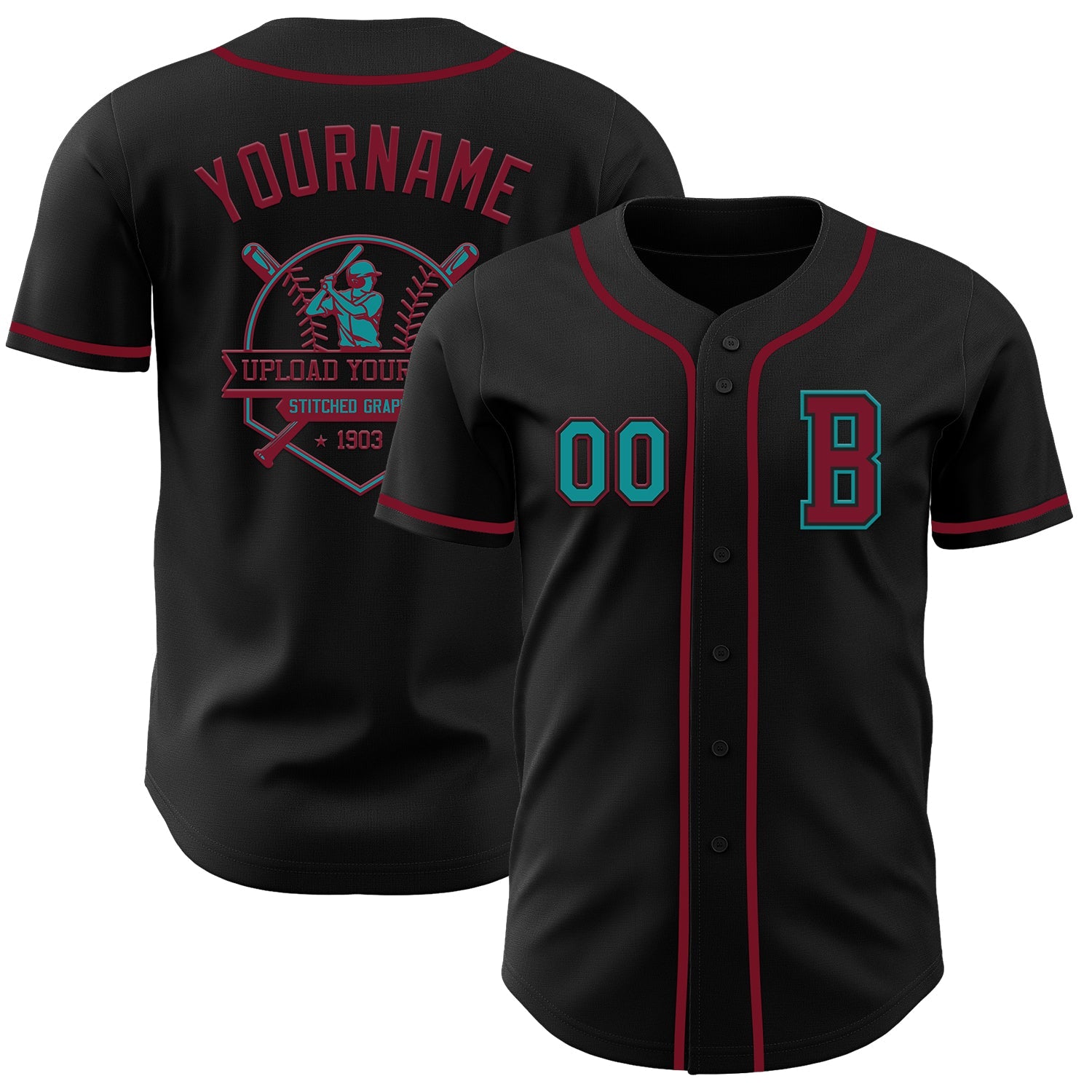 Custom Black Teal-Crimson Authentic Baseball Jersey view 5