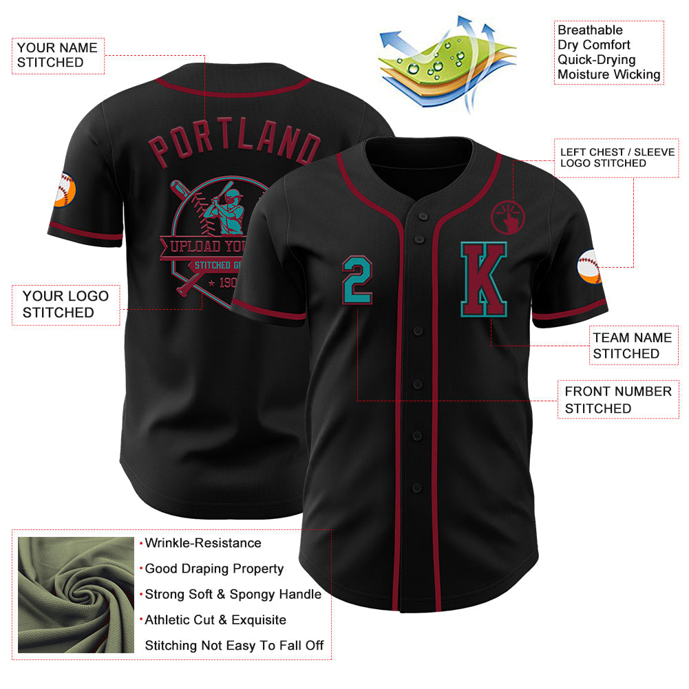 Custom Black Teal-Crimson Authentic Baseball Jersey view 6