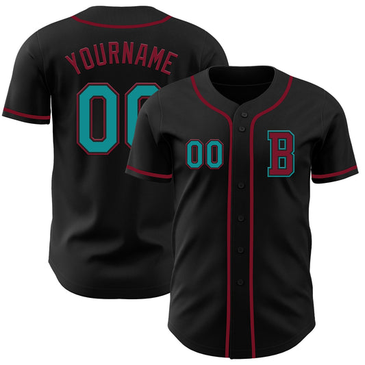 Custom Black Teal-Crimson Authentic Baseball Jersey - Main View