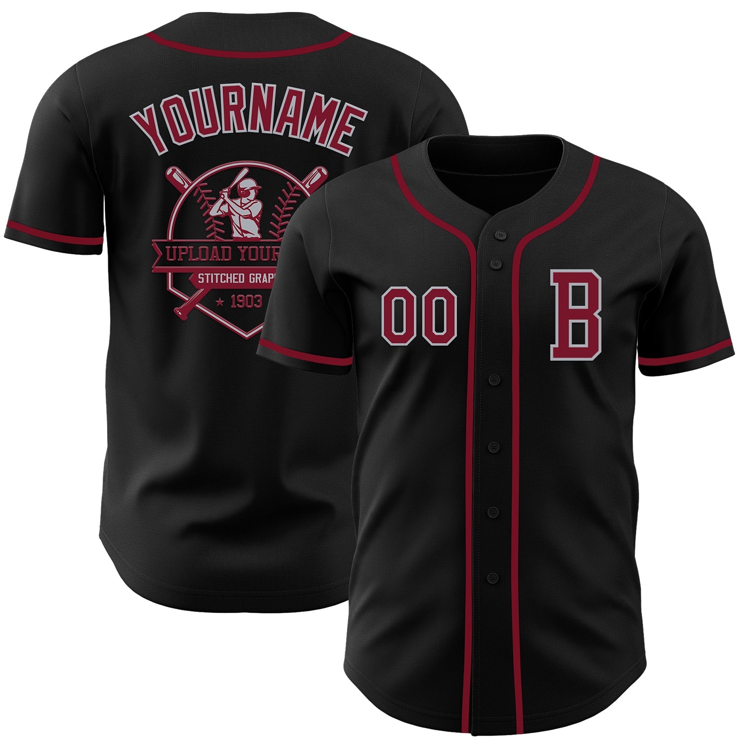Custom Black Crimson-Gray Authentic Baseball Jersey view 5