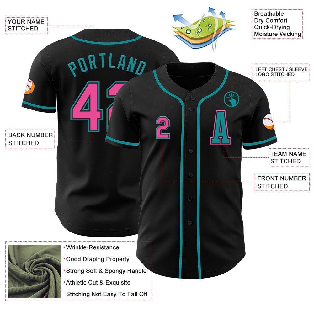 Custom Black Pink-Teal Authentic Baseball Jersey view 2