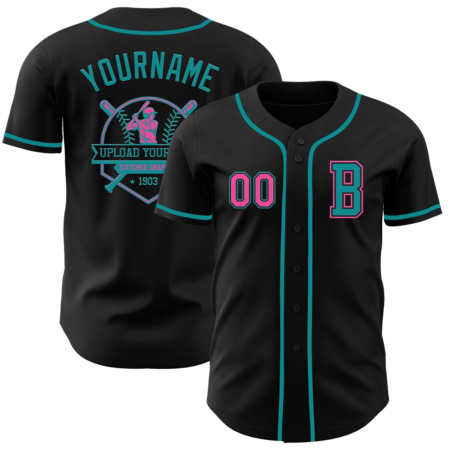 Custom Black Pink-Teal Authentic Baseball Jersey view 5