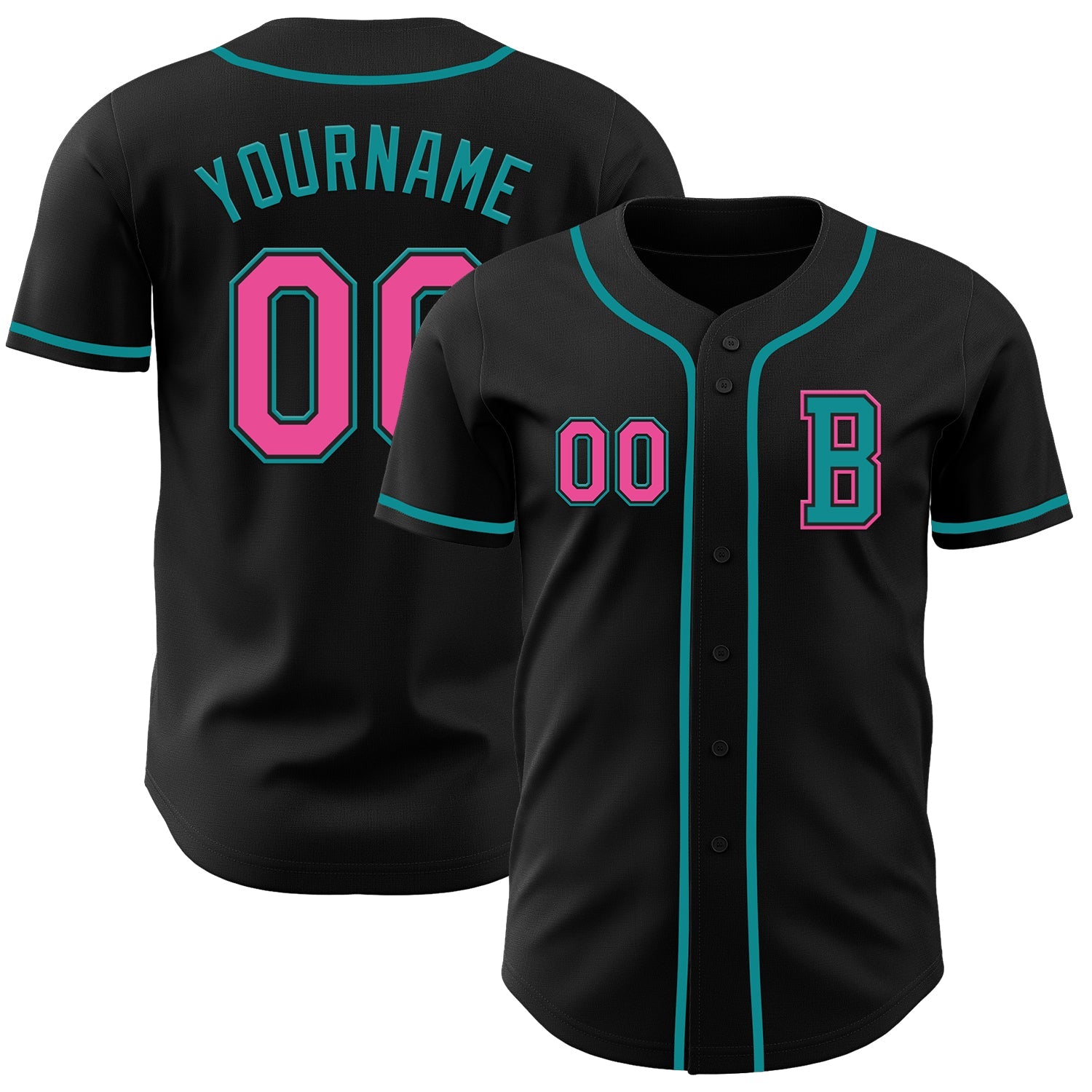 Custom Black Pink-Teal Authentic Baseball Jersey - Main View