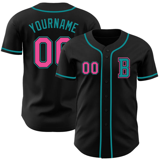Custom Black Pink-Teal Authentic Baseball Jersey - Main View