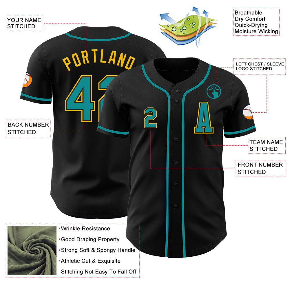 Custom Black Teal-Yellow Authentic Baseball Jersey view 2