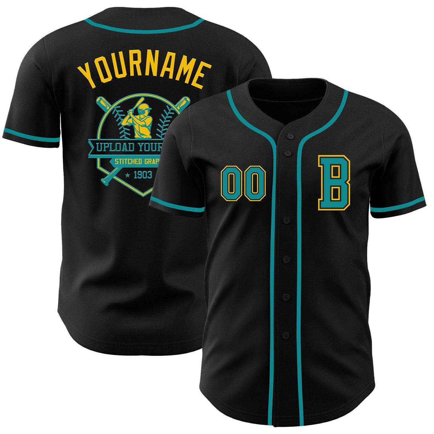 Custom Black Teal-Yellow Authentic Baseball Jersey view 5