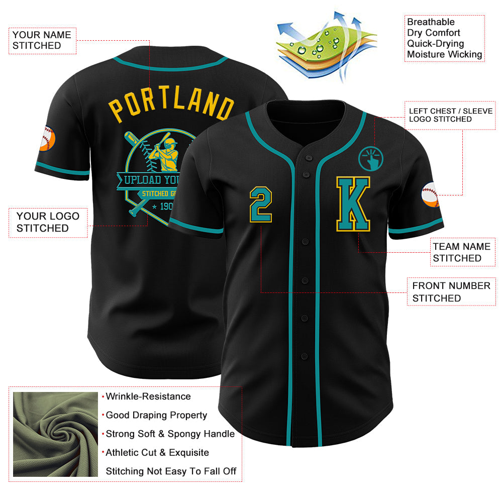 Custom Black Teal-Yellow Authentic Baseball Jersey view 6