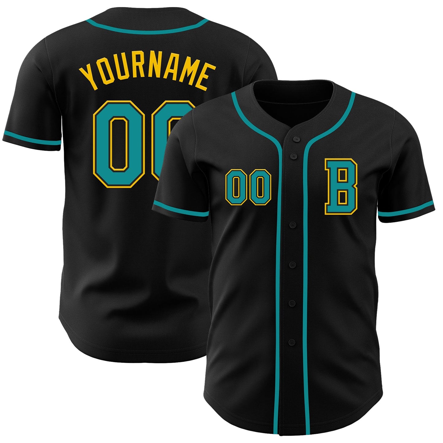 Custom Black Teal-Yellow Authentic Baseball Jersey - Main View