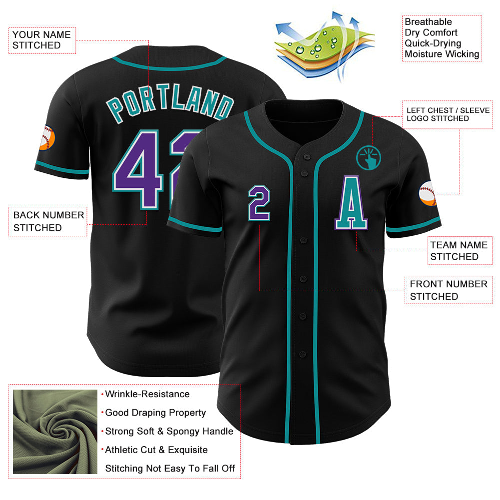 Custom Black Purple-Teal Authentic Baseball Jersey view 2