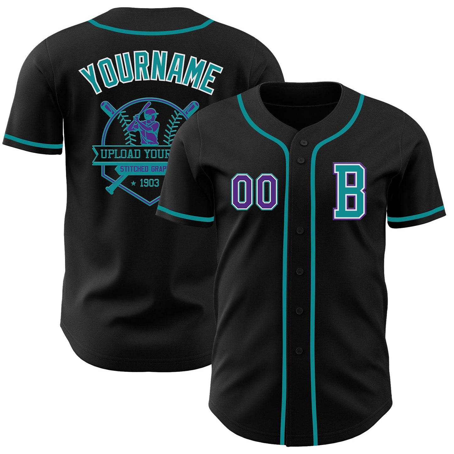 Custom Black Purple-Teal Authentic Baseball Jersey view 5
