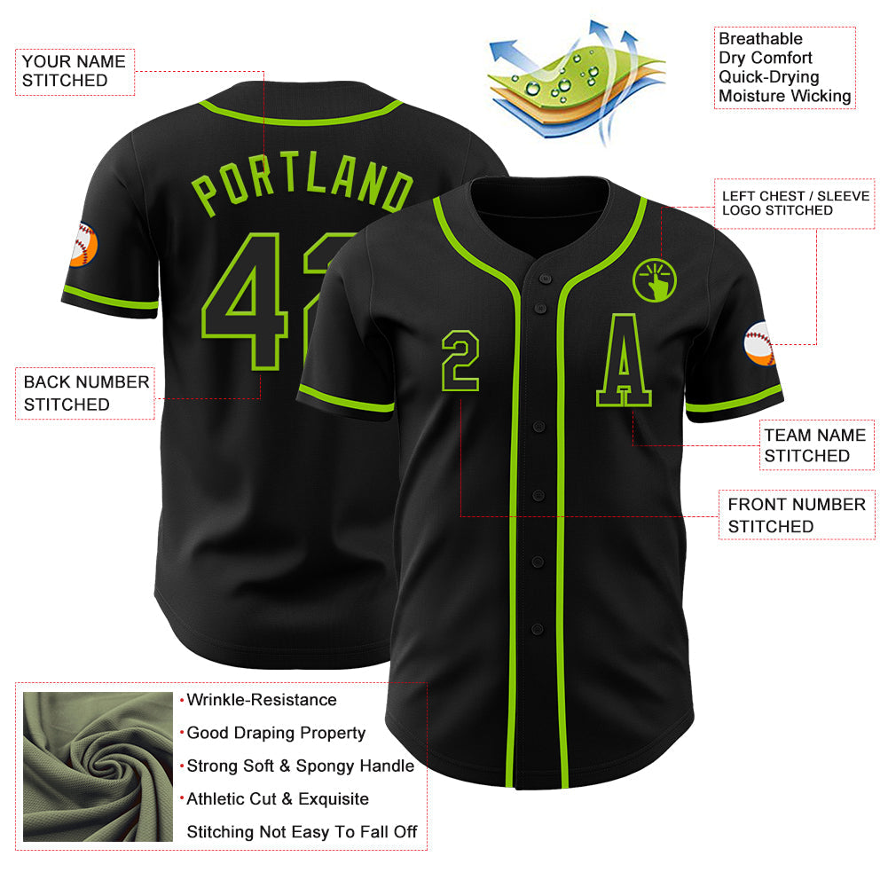 Custom Black Neon Green Authentic Baseball Jersey view 2