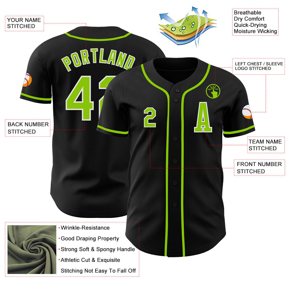 Custom Black Neon Green-White Authentic Baseball Jersey view 2
